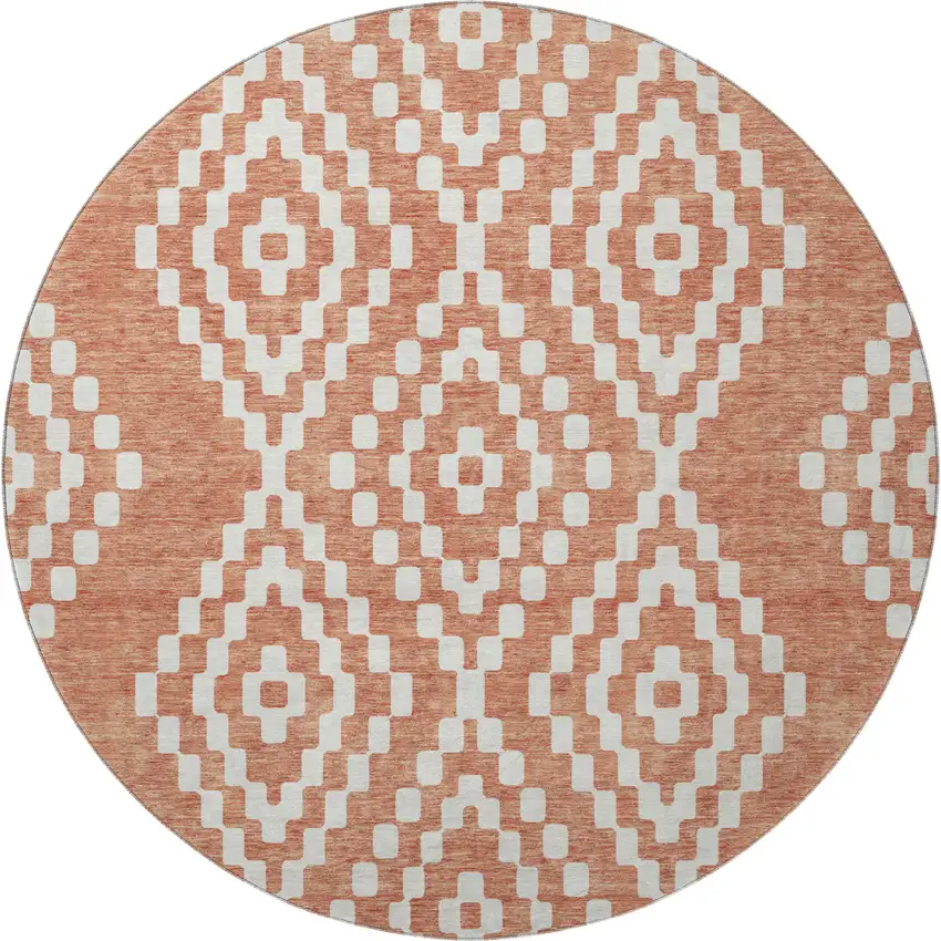 8' Salmon And Ivory Geometric Washable Round Rug With UV Protection Photo 3