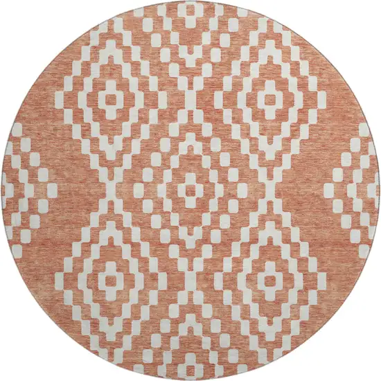 8' Salmon And Ivory Geometric Washable Round Rug With UV Protection Photo 1