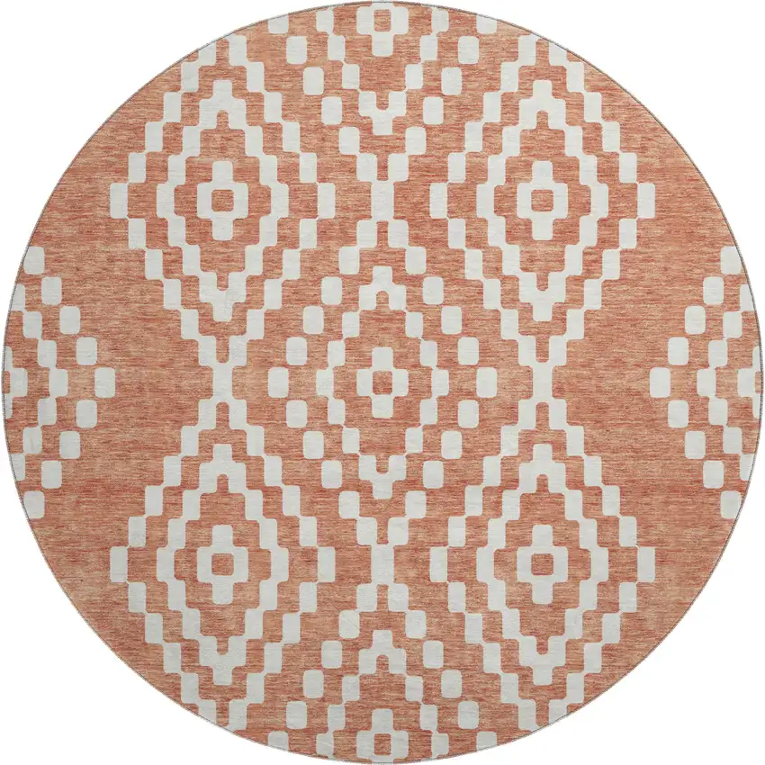 8' Salmon And Ivory Geometric Washable Round Rug With UV Protection Photo 1