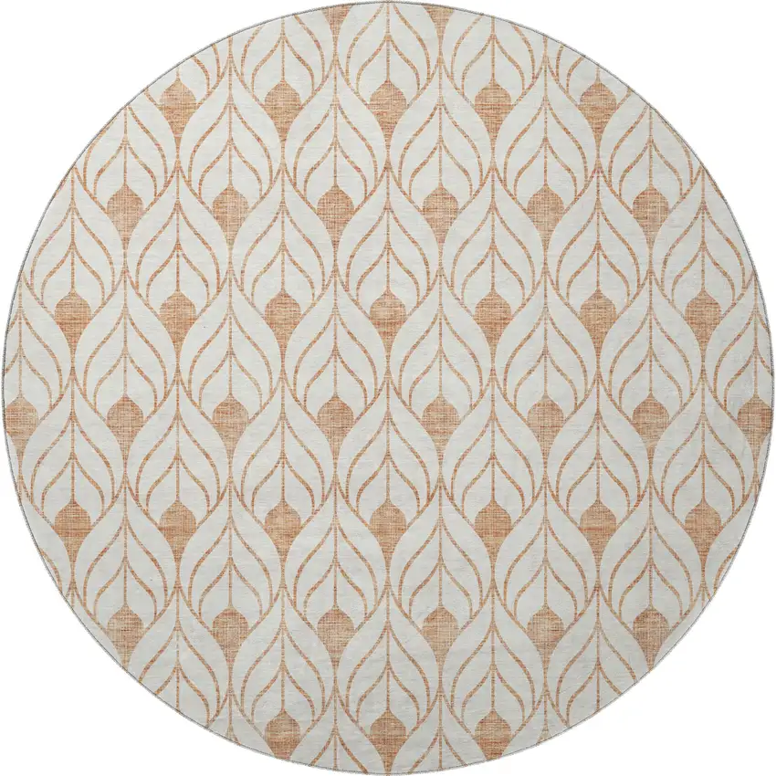 8' Salmon And Ivory Geometric Washable Round Rug With UV Protection Photo 2