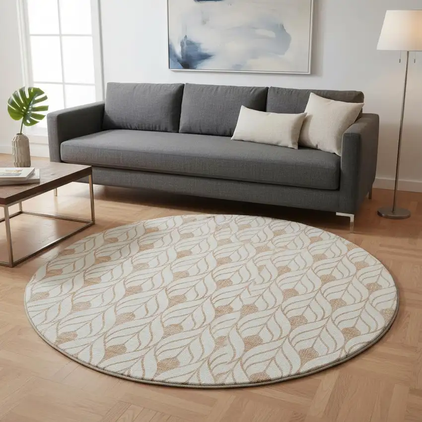 8' Salmon And Ivory Geometric Washable Round Rug With UV Protection Photo 2
