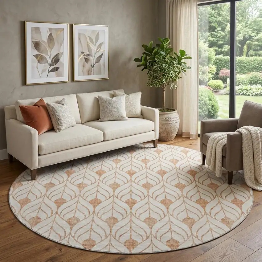 8' Salmon And Ivory Geometric Washable Round Rug With UV Protection Photo 1
