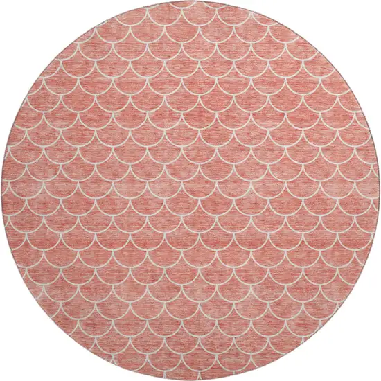 8' Salmon And Ivory Geometric Washable Round Rug With UV Protection Photo 1