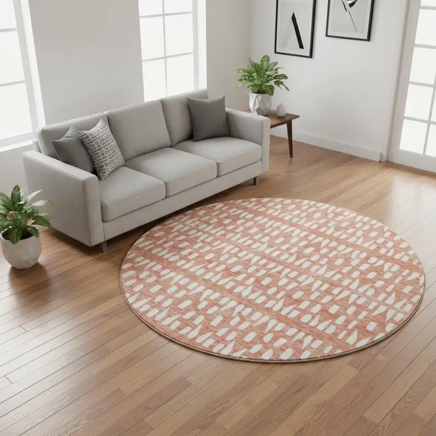 8' Salmon And Ivory Geometric Washable Round Rug With UV Protection Photo 2