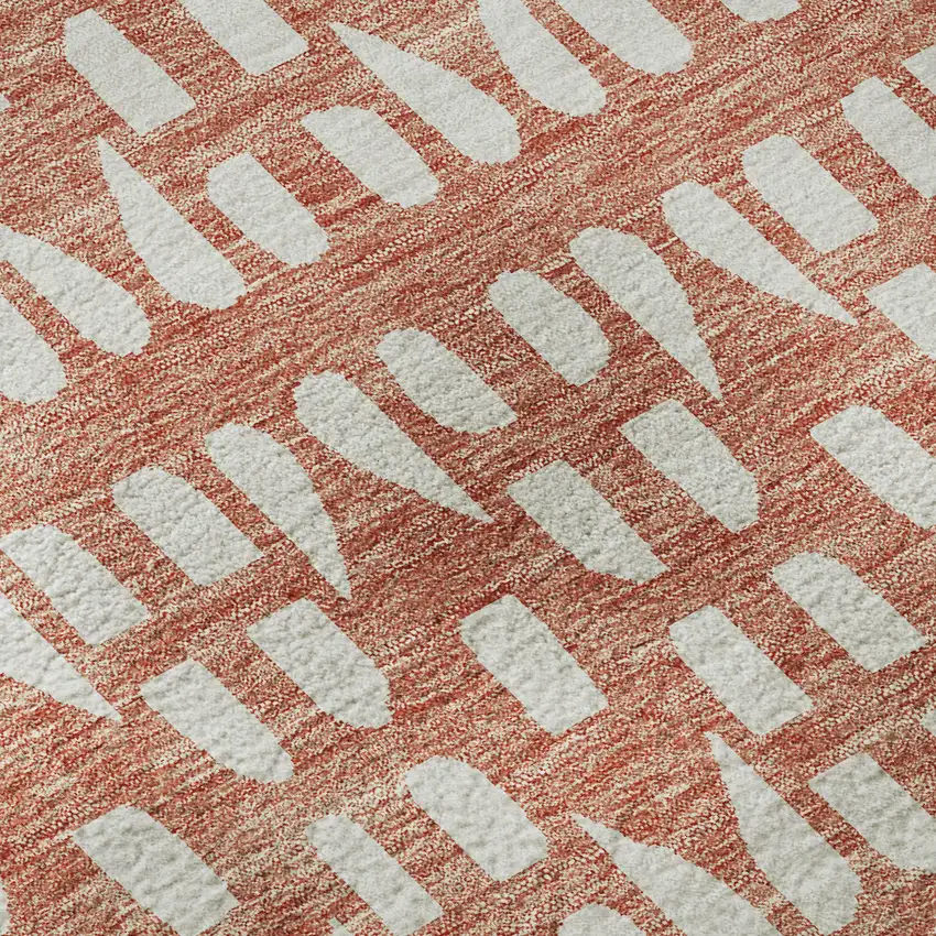 8' Salmon And Ivory Geometric Washable Round Rug With UV Protection Photo 8