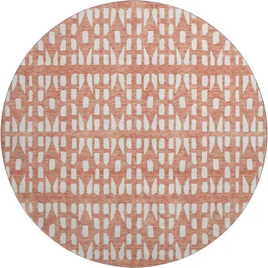 8' Salmon And Ivory Geometric Washable Round Rug With UV Protection Photo 1