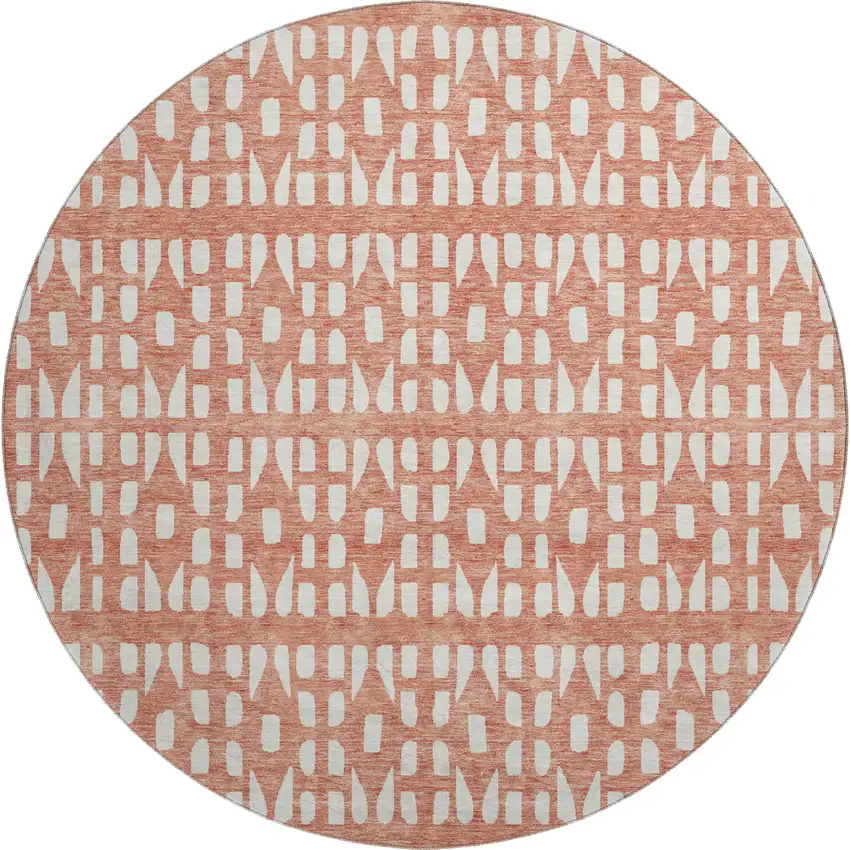 8' Salmon And Ivory Geometric Washable Round Rug With UV Protection Photo 1