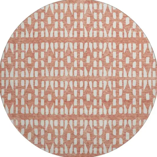 8' Salmon And Ivory Geometric Washable Round Rug With UV Protection Photo 3