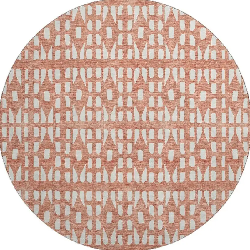 8' Salmon And Ivory Geometric Washable Round Rug With UV Protection Photo 3