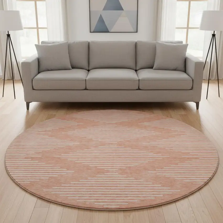 8' Salmon And Ivory Geometric Washable Round Rug With UV Protection Photo 2
