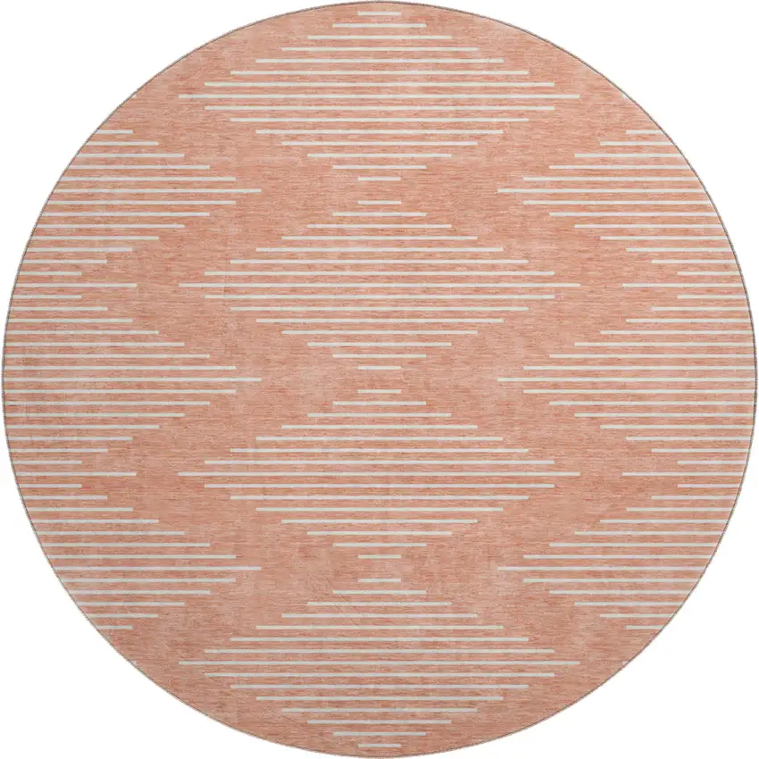 8' Salmon And Ivory Geometric Washable Round Rug With UV Protection Photo 1