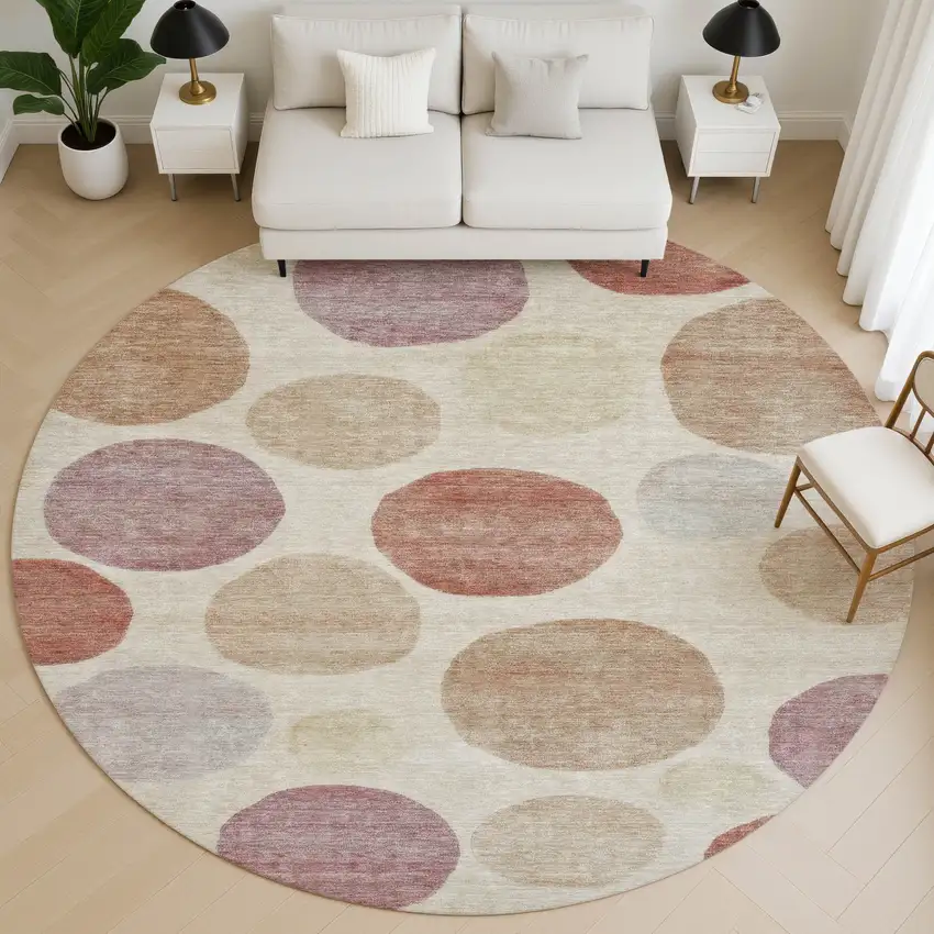 8' Salmon And Ivory Geometric Washable Round Rug With UV Protection Photo 5