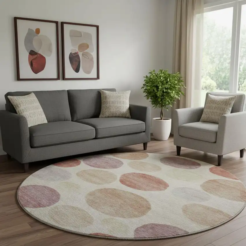 8' Salmon And Ivory Geometric Washable Round Rug With UV Protection Photo 2