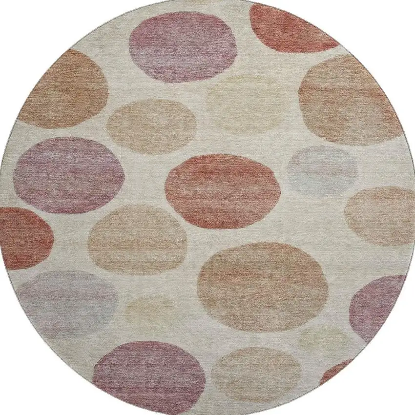 8' Salmon And Ivory Geometric Washable Round Rug With UV Protection Photo 3