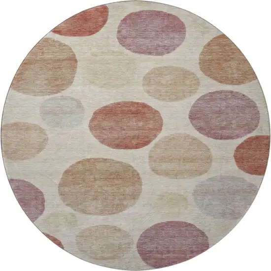 8' Salmon And Ivory Geometric Washable Round Rug With UV Protection Photo 4