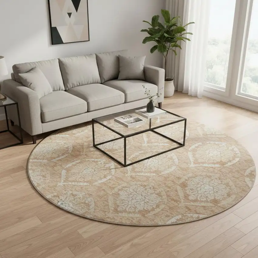 8' Salmon And Ivory Medallion Washable Round Rug With UV Protection Photo 2