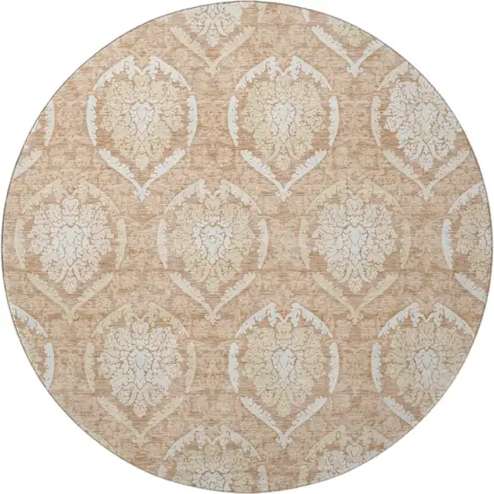 8' Salmon And Ivory Medallion Washable Round Rug With UV Protection Photo 4