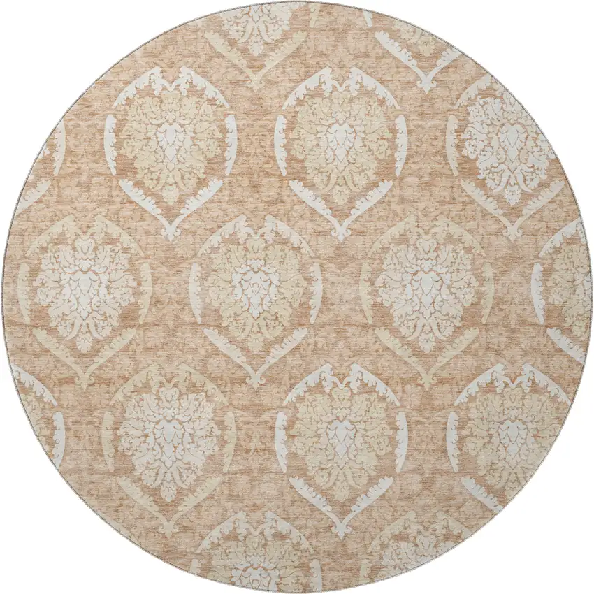 8' Salmon And Ivory Medallion Washable Round Rug With UV Protection Photo 4