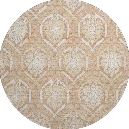 8' Salmon And Ivory Medallion Washable Round Rug With UV Protection Photo 3
