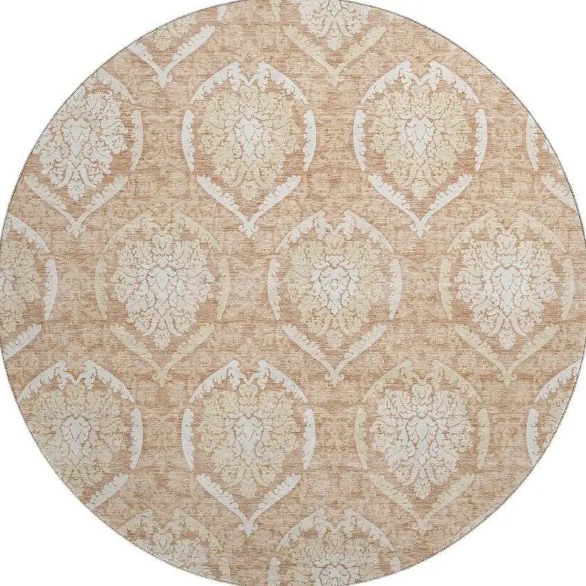 8' Salmon And Ivory Medallion Washable Round Rug With UV Protection Photo 3