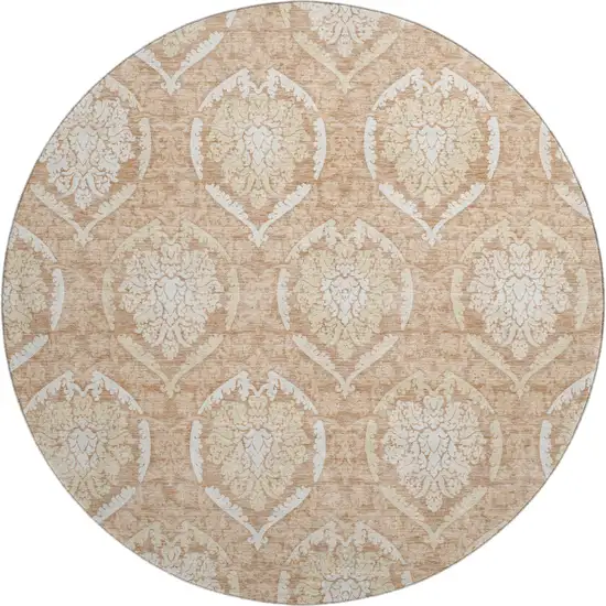 8' Salmon And Ivory Medallion Washable Round Rug With UV Protection Photo 1