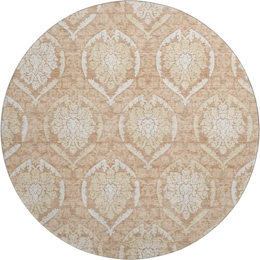 8' Salmon And Ivory Medallion Washable Round Rug With UV Protection Photo 1