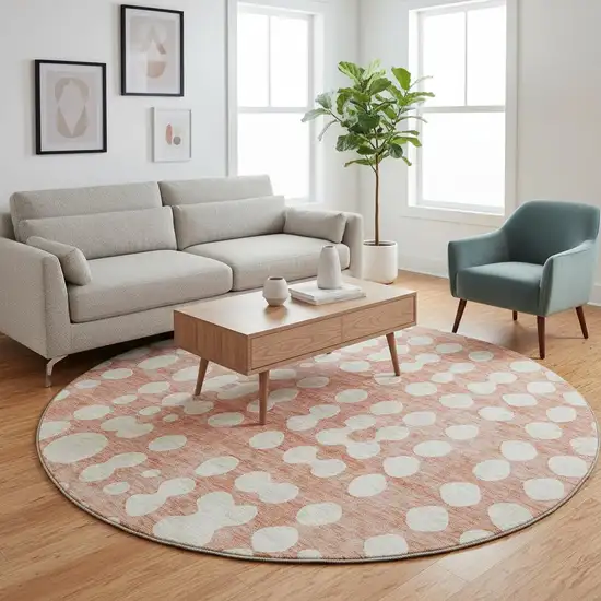 8' Salmon And Ivory Polka Dot Washable Round Rug With UV Protection Photo 2