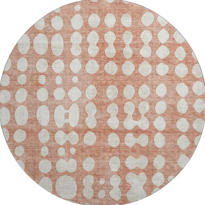 8' Salmon And Ivory Polka Dot Washable Round Rug With UV Protection Photo 3
