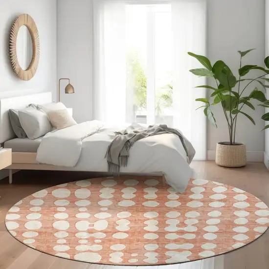 8' Salmon And Ivory Polka Dot Washable Round Rug With UV Protection Photo 5
