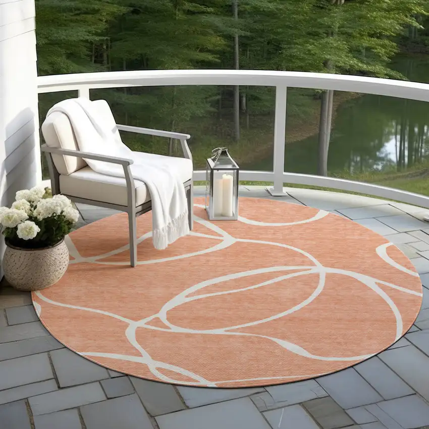 8' Salmon And Ivory Round Abstract Washable Indoor Outdoor Area Rug Photo 7