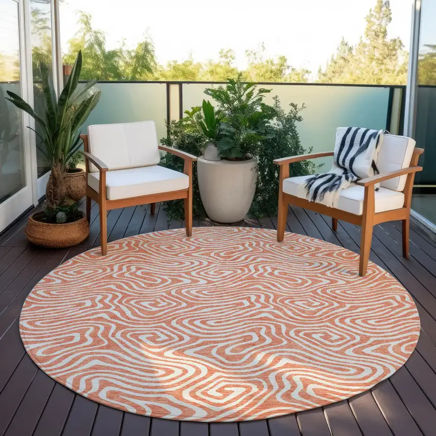 8' Salmon And Ivory Round Abstract Washable Indoor Outdoor Area Rug Photo 7