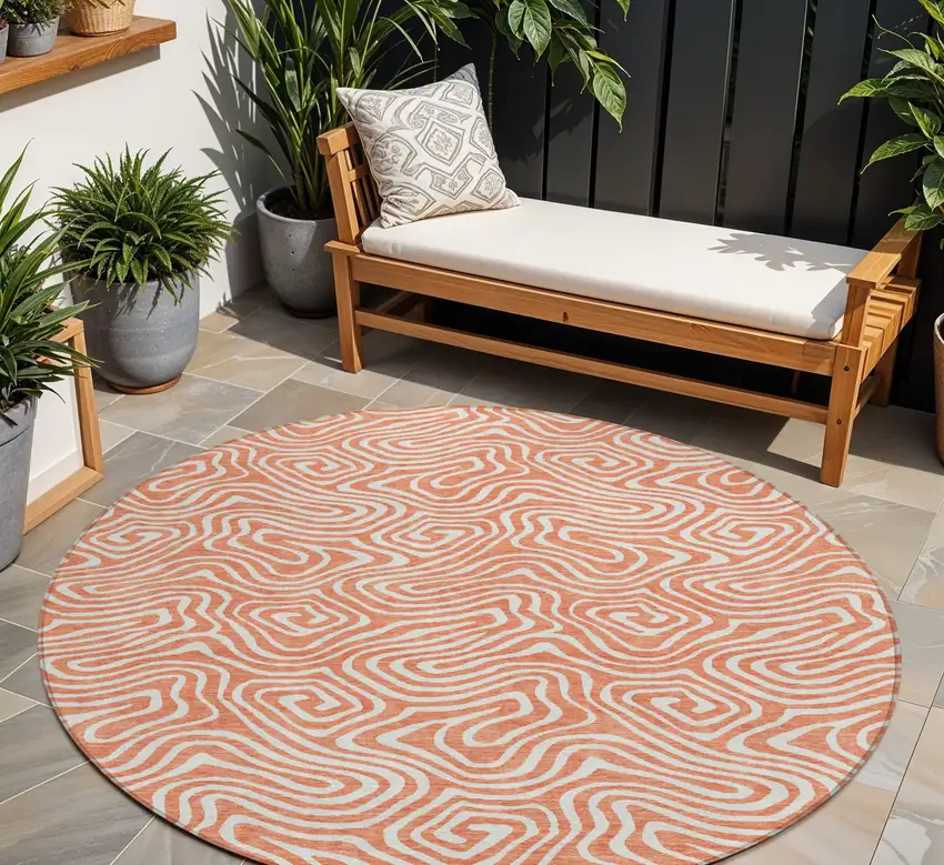 8' Salmon And Ivory Round Abstract Washable Indoor Outdoor Area Rug Photo 1