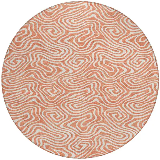 8' Salmon And Ivory Round Abstract Washable Indoor Outdoor Area Rug Photo 6
