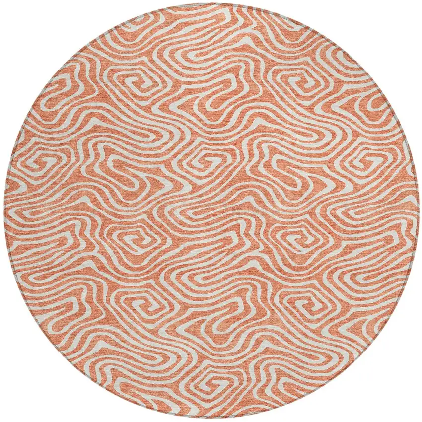 8' Salmon And Ivory Round Abstract Washable Indoor Outdoor Area Rug Photo 6