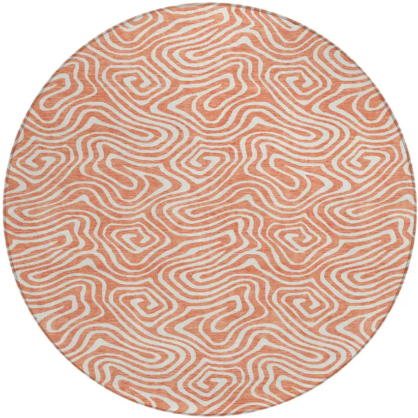 8' Salmon And Ivory Round Abstract Washable Indoor Outdoor Area Rug Photo 2