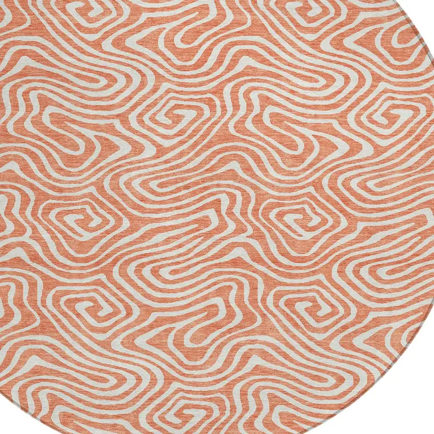 8' Salmon And Ivory Round Abstract Washable Indoor Outdoor Area Rug Photo 5