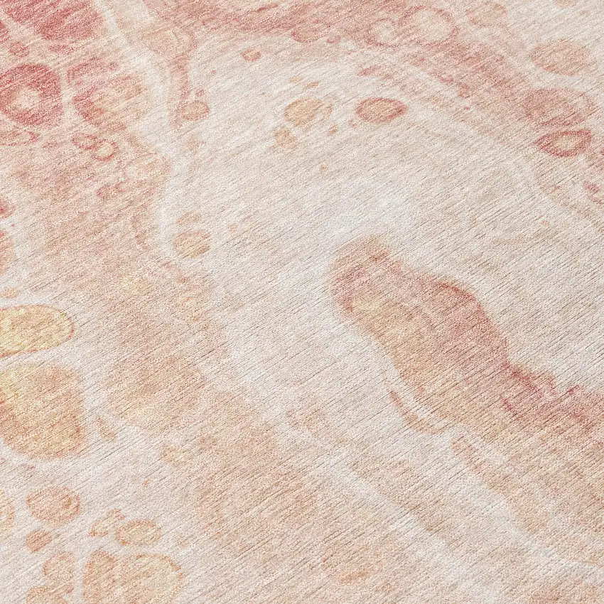 8' Salmon And Ivory Round Abstract Washable Indoor Outdoor Area Rug Photo 8