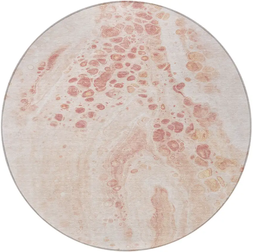 8' Salmon And Ivory Round Abstract Washable Indoor Outdoor Area Rug Photo 3