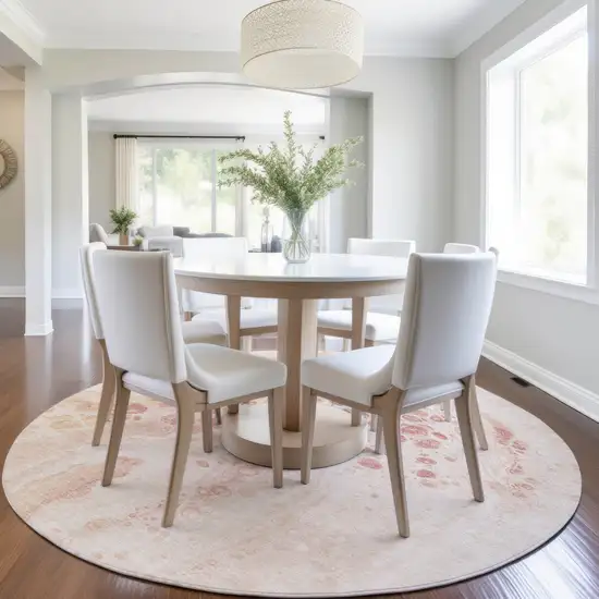 8' Salmon And Ivory Round Abstract Washable Indoor Outdoor Area Rug Photo 6