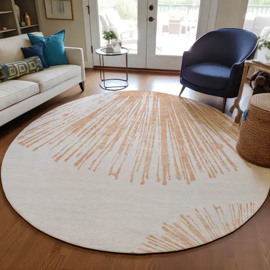 8' Salmon And Ivory Round Abstract Washable Indoor Outdoor Area Rug Photo 7