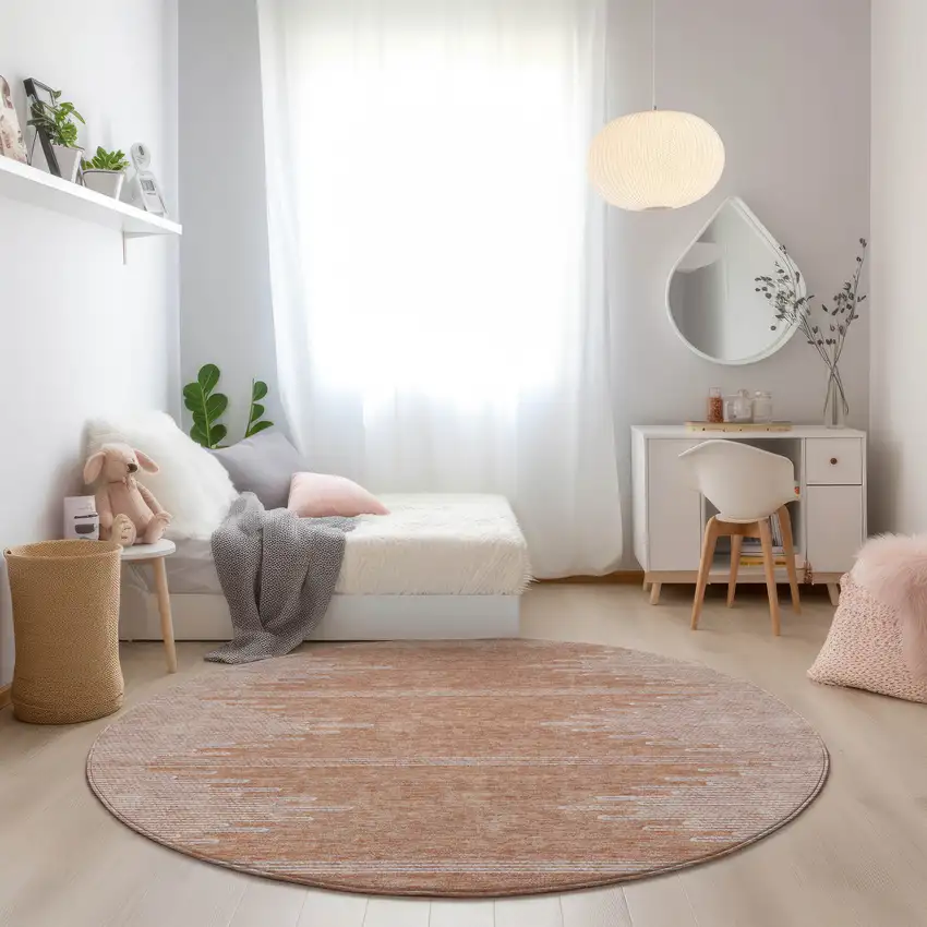 8' Salmon And Ivory Round Abstract Washable Indoor Outdoor Area Rug Photo 7