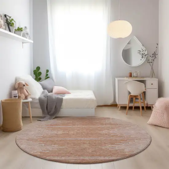 8' Salmon And Ivory Round Abstract Washable Indoor Outdoor Area Rug Photo 7