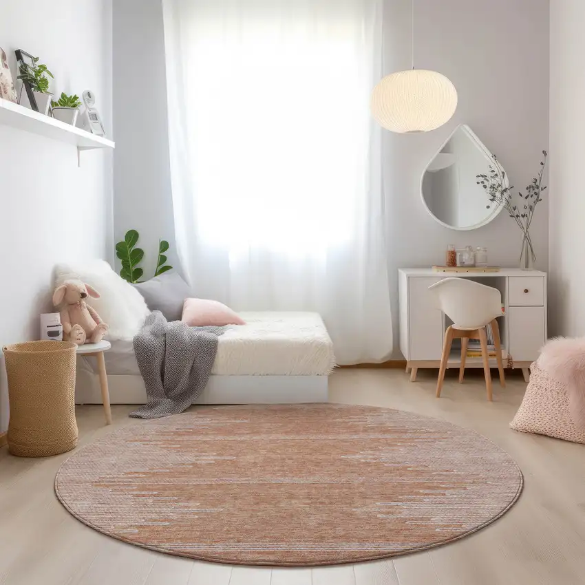 8' Salmon And Ivory Round Abstract Washable Indoor Outdoor Area Rug Photo 7