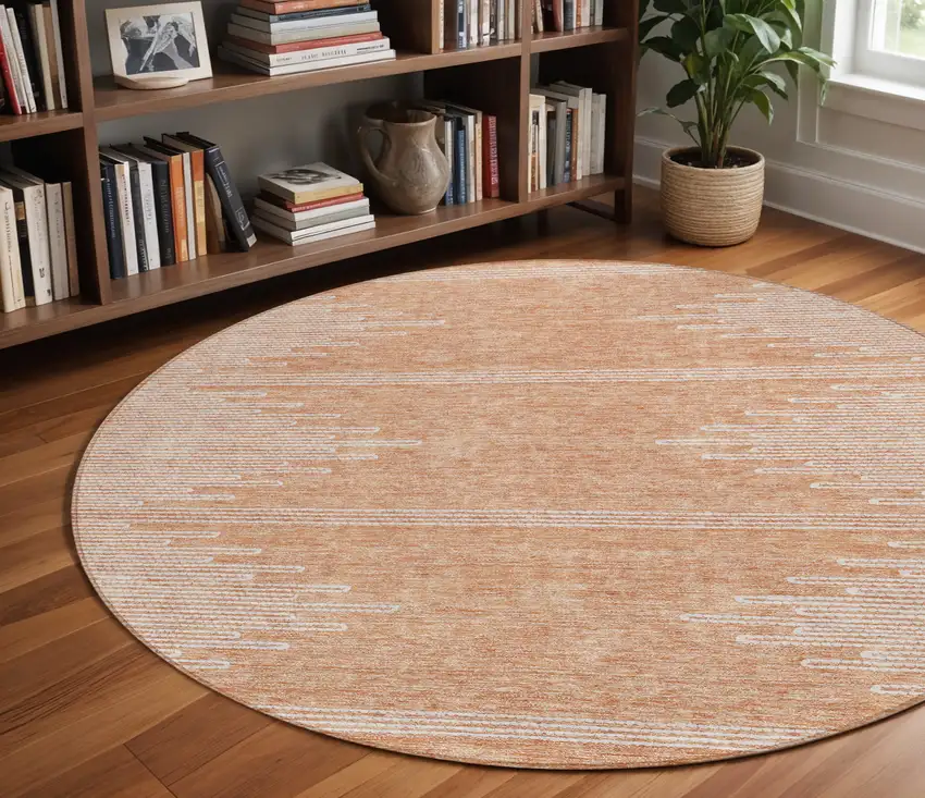 8' Salmon And Ivory Round Abstract Washable Indoor Outdoor Area Rug Photo 8