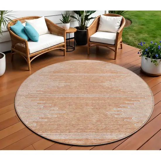 8' Salmon And Ivory Round Abstract Washable Indoor Outdoor Area Rug Photo 1