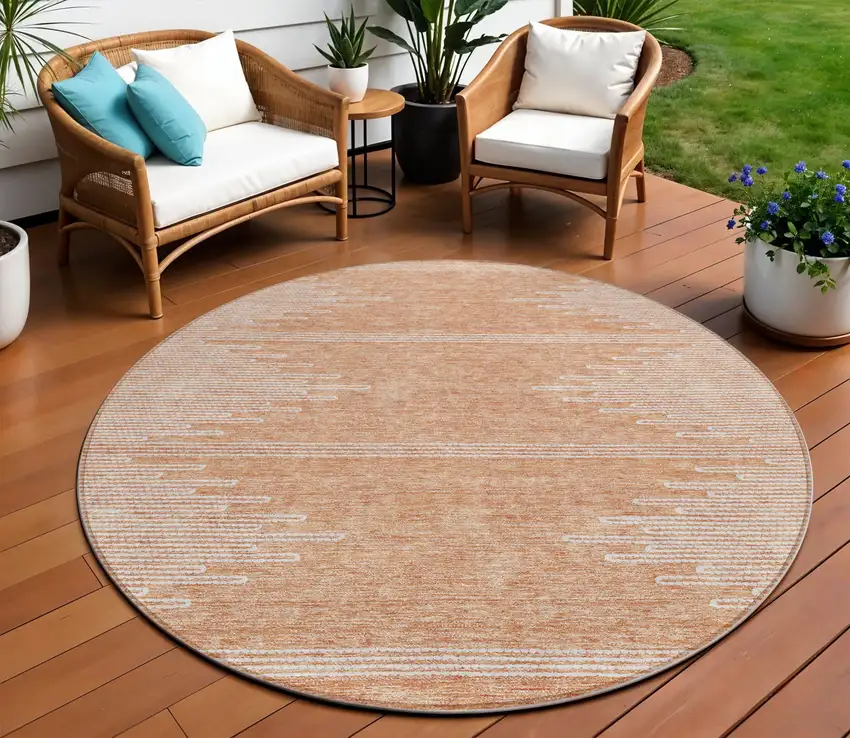 8' Salmon And Ivory Round Abstract Washable Indoor Outdoor Area Rug Photo 1