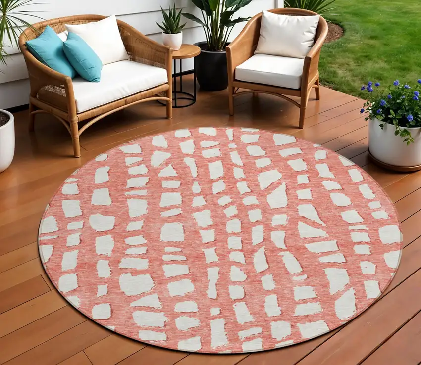 8' Salmon And Ivory Round Abstract Washable Indoor Outdoor Area Rug Photo 1