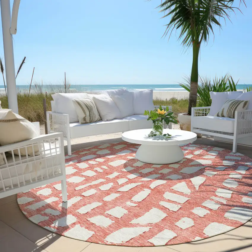 8' Salmon And Ivory Round Abstract Washable Indoor Outdoor Area Rug Photo 7