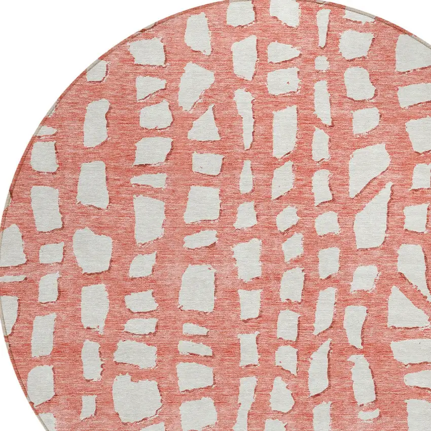8' Salmon And Ivory Round Abstract Washable Indoor Outdoor Area Rug Photo 5