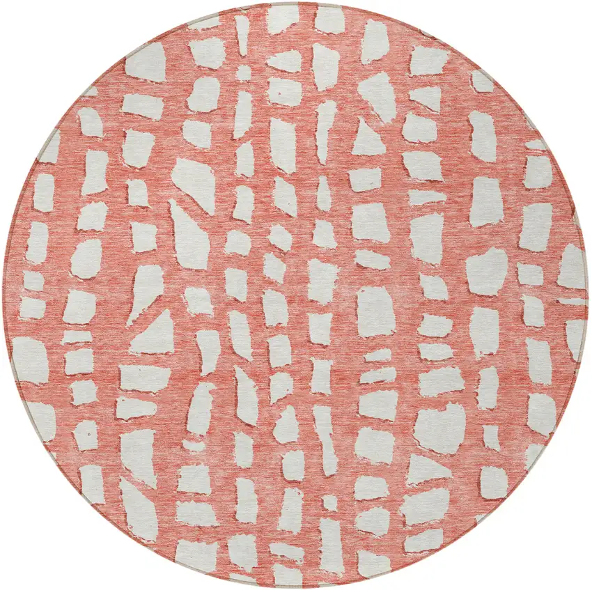 8' Salmon And Ivory Round Abstract Washable Indoor Outdoor Area Rug Photo 6